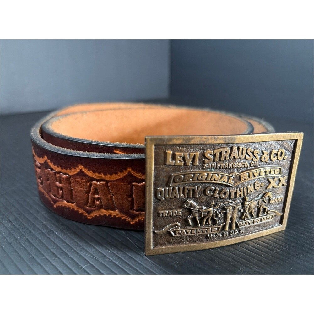 Vtg Hand Tooled Leather Belt “Richard” Sz 40 Levi’s 1976 Brass Buckle Western